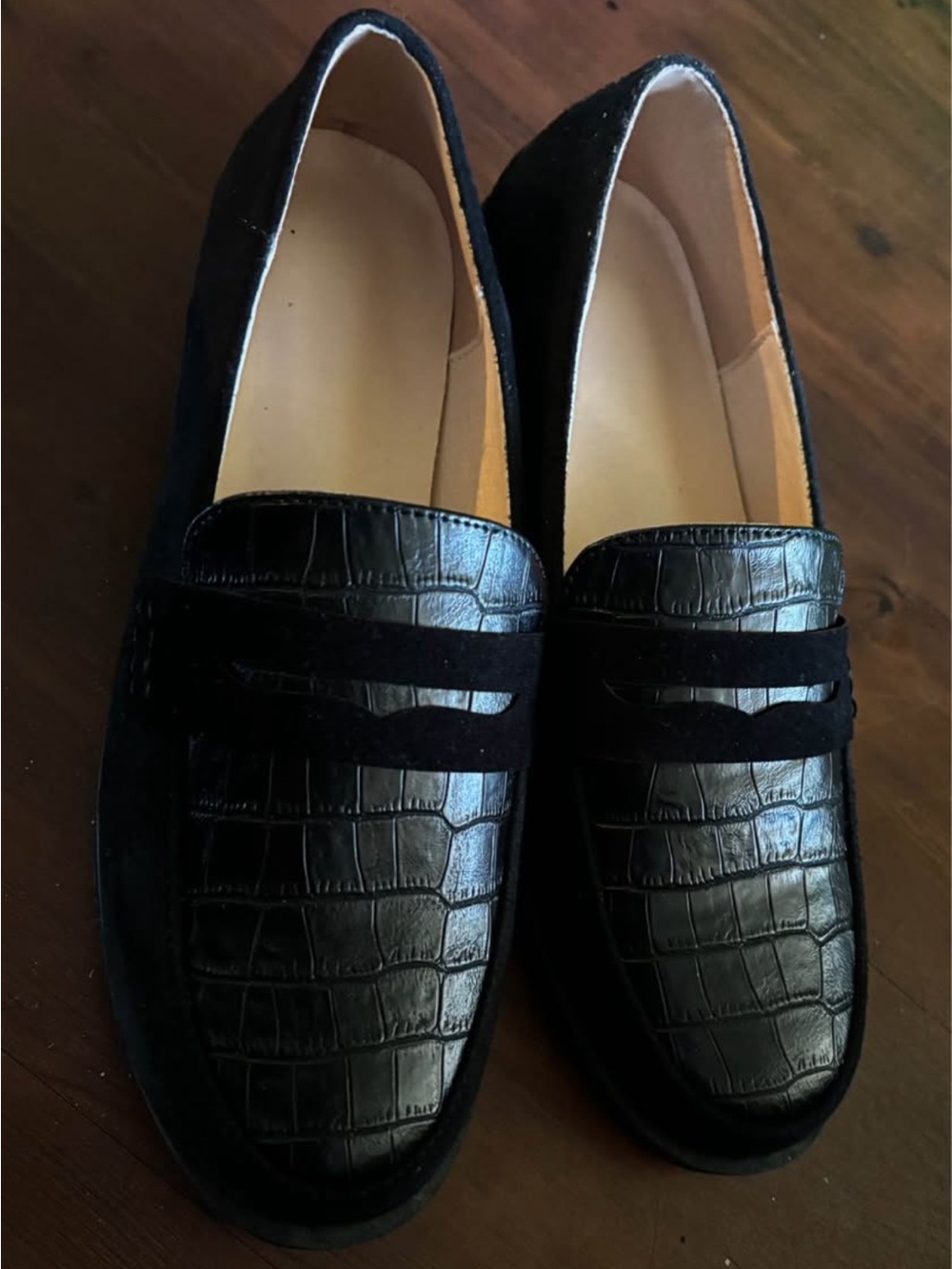Classic Black Leather Croc-Embossed Loafers